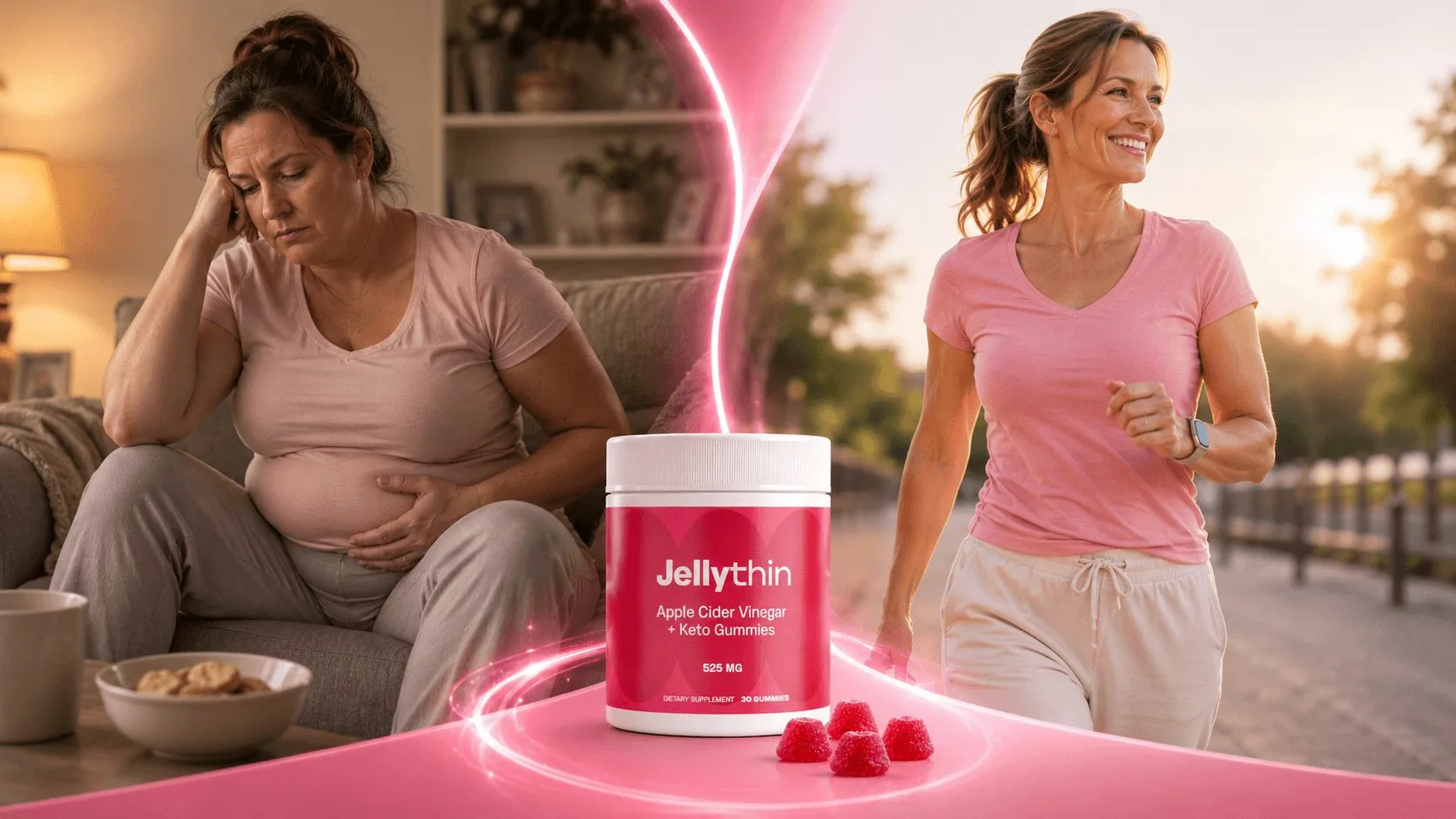 Jellythin before and after transformation from tired to energized and active